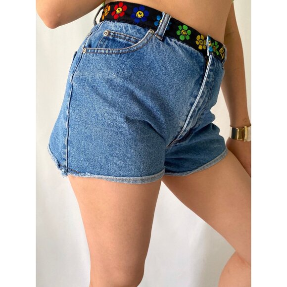 90s vintage rainbow groovy flower retro blue denim high waist mini jean shorts - Picture 2 of 9